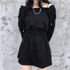 Lettering Embroidered Drawstring Waist Hooded Dress Black - One Size