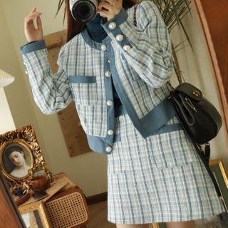 Faux Pearl Buttoned Plaid Jacket / A-line Skirt