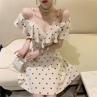 Off-shoulder Ruffle Trim Polka Dot Dress
