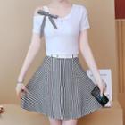 Set: Plain Short Sleeve T-shirt + Pinstriped A-line Skirt
