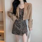 Long-sleeve Cropped Blazer / Leopard Print Suspender Skirt