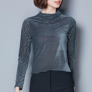 Long-sleeve Mock-neck Ribbed Velvet Blouse