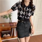 Short-sleeve Plaid Knit Cardigan / Denim Slit Mini Skirt