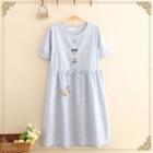 Mouse Embroidered Short-sleeve Striped Dress Blue - One Size