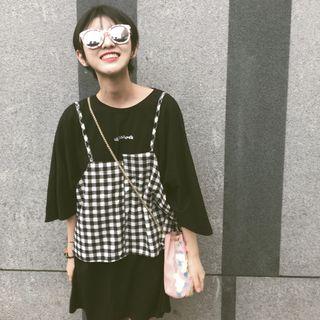 Set: Spaghetti Strap Plaid Top + 3/4-sleeve T-shirt