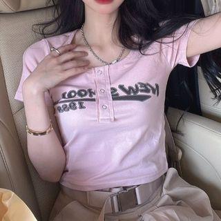Short-sleeve Lettering Henley Top