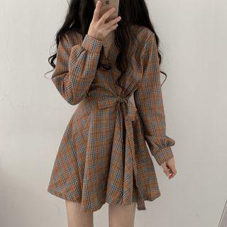 Long-sleeve Plaid A-line Wrap Dress