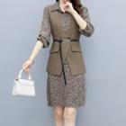 Set: Long-sleeve Floral Print A-line Dress + Vest