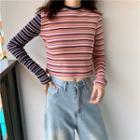 Long-sleeve Striped Color-block Crew-neck Cropped T-shirt Stripe - One Size