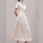 Set: Short-sleeve V-neck Midi A-line Dress + Scarf