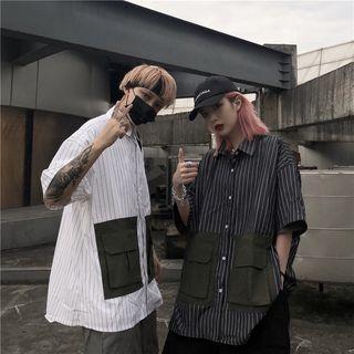Couple Matching Pocket Detail Striped Elbow-sleeve Shirt