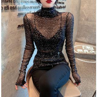 Mock-turtleneck Floral Print Long-sleeve Mesh Top