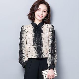 Lace Bow Floral Print Chiffon Shirt
