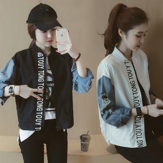 Denim Sleeve Lettering Zip Jacket