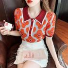 Short-sleeve Polo-neck Knit Top Flower - Tangerine Red - One Size