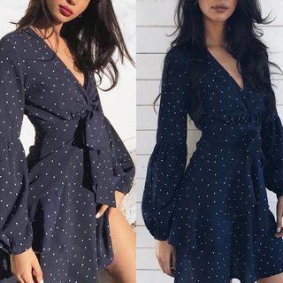 Dotted Long Sleeve V-neck Dress