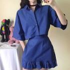 Cropped T-shirt / Frilled High-waist Skirt
