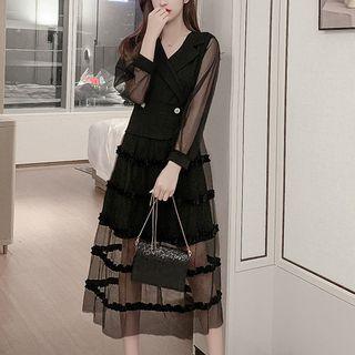 Long-sleeve Tiered Mesh Midi Dress