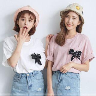 Short Sleeve Pocket Dot Bow T-shirt