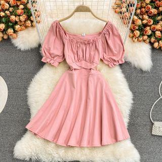 Puff Sleeve Frilled Plain A-line Dress