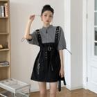 Set: Short-sleeve Mock Two-piece Dress + Belt