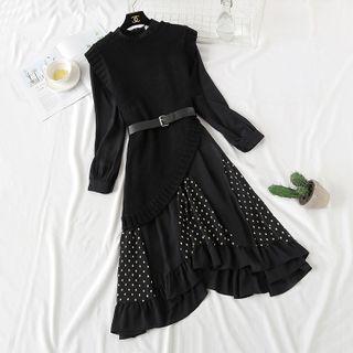 Long-sleeve Midi A-line Chiffon Dress / Knit Vest / Belt / Set