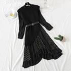 Long-sleeve Midi A-line Chiffon Dress / Knit Vest / Belt / Set
