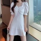 Puff Short-sleeve Slit Mini Dress