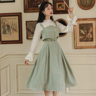 Flared-cuff Ruffled Blouse / Striped Midi Overall Dress / Set