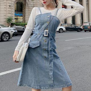 Long-sleeve T-shirt / Spaghetti Strap Asymmetric Buttoned A-line Denim Dress / Set