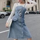 Long-sleeve T-shirt / Spaghetti Strap Asymmetric Buttoned A-line Denim Dress / Set