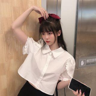 Puff-sleeve Frill Trim Cropped Shirt White - One Size