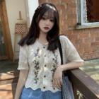 Short-sleeve Floral Embroidered Pointelle Knit Panel Blouse