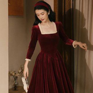Long-sleeve Frill Trim Velvet Midi A-line Dress