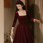Long-sleeve Frill Trim Velvet Midi A-line Dress