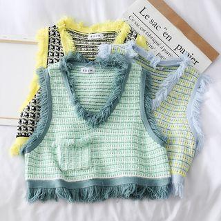 Fringed-trim Woolen Crop Vest