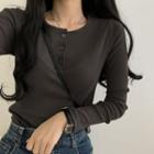 Plain Round Neck Long Sleeve Button-up Top