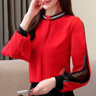 Long-sleeve Contrast Trim Chiffon Paneled Blouse
