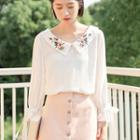 Long-sleeve Embroidered Flower Chiffon Top White - One Size