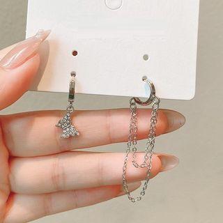 Butterfly Chained Asymmetrical Alloy Dangle Earring 01 - 1 Pair - Asymmetric - Silver - One Size
