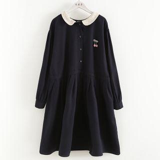 Long-sleeve Midi A-line Dress Navy Blue - One Size