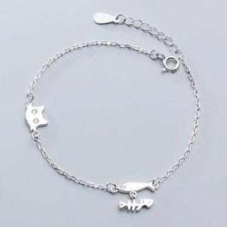 925 Sterling Silver Cat & Fish Bracelet 925 Sterling Silver Bracelet - One Size