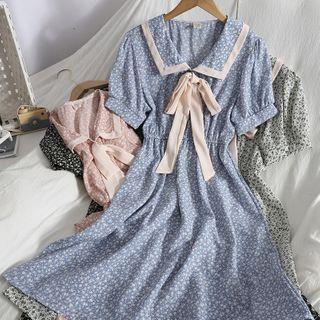 Short-sleeve Floral Print Tie-front Midi A-line Chiffon Dress