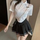 Short-sleeve Lettering Crop Shirt / Pleated Mini A-line Skirt