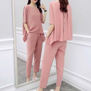 Set: Plain Elbow-sleeve Buttoned-back Blouse + Cropped Pants