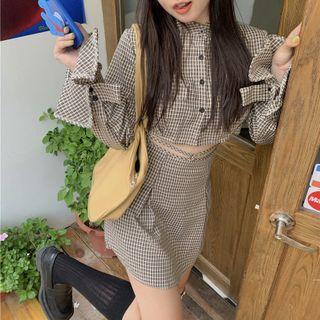 Set: Stand Collar Check Crop Shirt + Mini Pencil Skirt