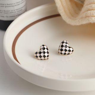 Heart Checker Alloy Earring 1 Pair - S925 Silver - Check - Black & White - One Size