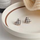 Heart Checker Alloy Earring 1 Pair - S925 Silver - Check - Black & White - One Size
