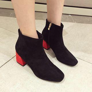 Color Block Square-toe Block Heel Ankle Boots