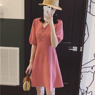 Plaid V-neck Puff-sleeve Dress